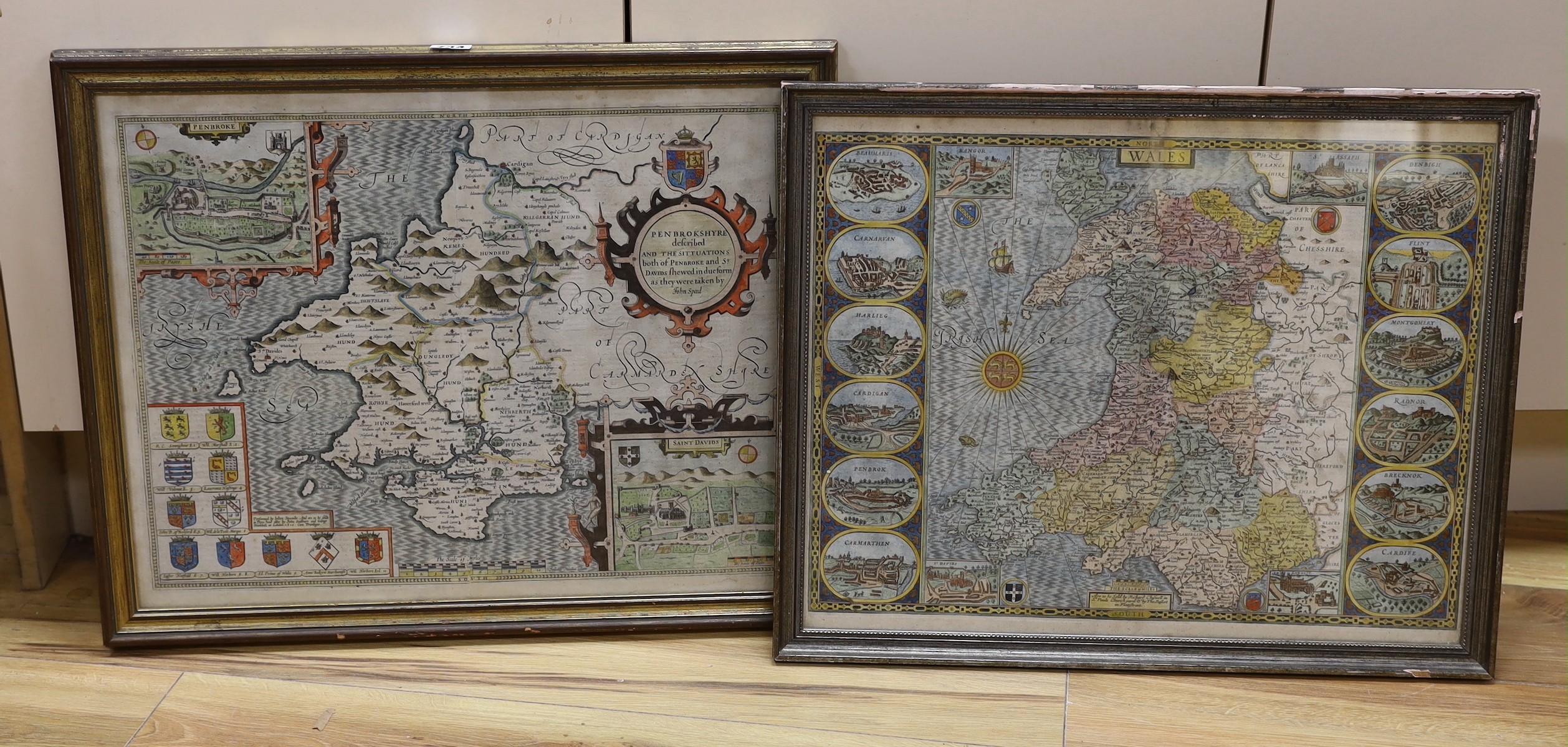 John Speede, two coloured engravings, Maps of Wales and Pembrokshyre, 41 xx 51.5cm and 41.5 x 53.5cm